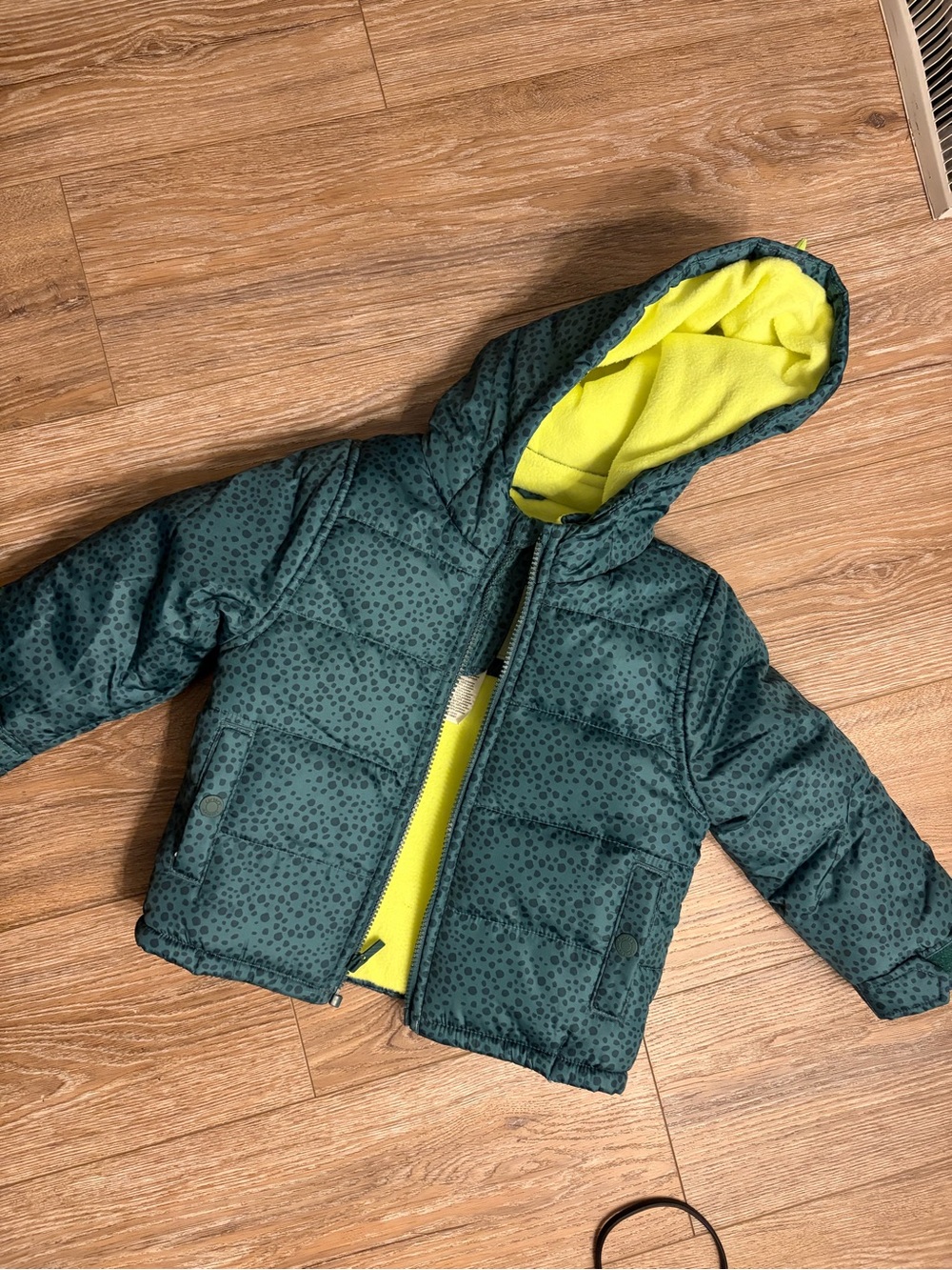 Carter's Dark Green Dot Puffer Jacket with Bright Yellow Lining! And Dino hood!